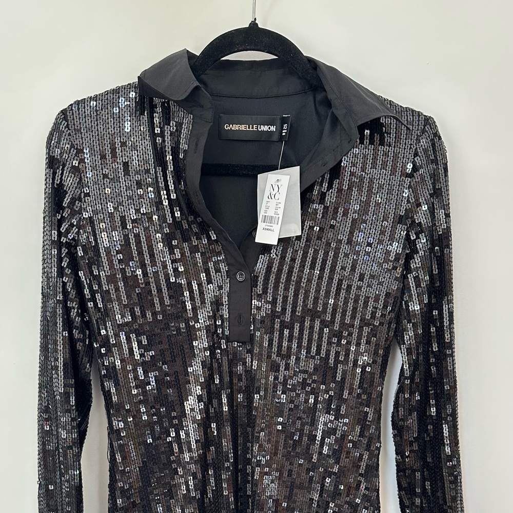 Gabrielle Union Black Sequin Long Shift Dress NWT